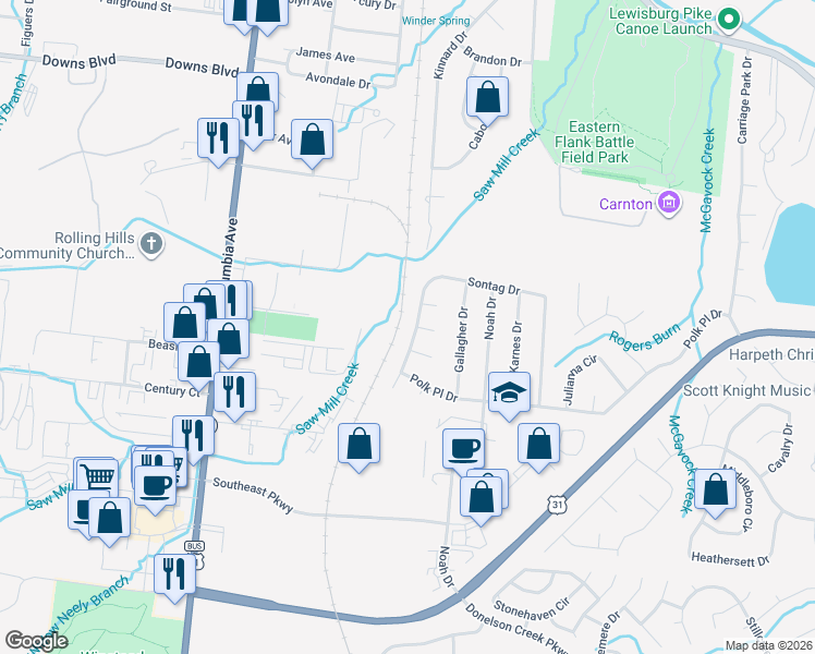 map of restaurants, bars, coffee shops, grocery stores, and more near 101 Tiffany Court in Franklin