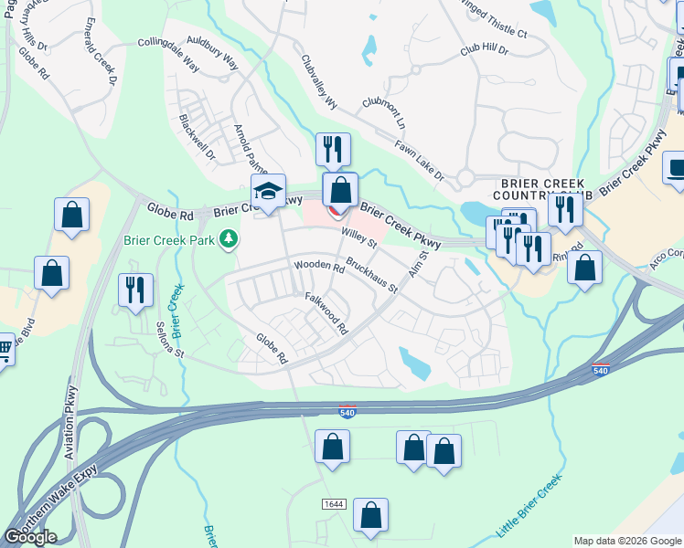 map of restaurants, bars, coffee shops, grocery stores, and more near 9163 Wooden Road in Raleigh