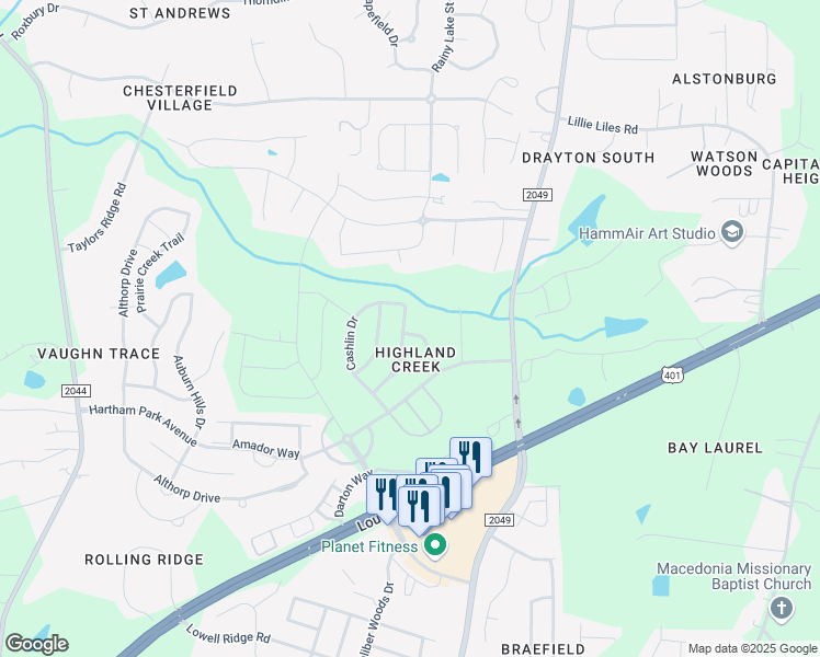 map of restaurants, bars, coffee shops, grocery stores, and more near 8602 Holdenby Trail in Raleigh