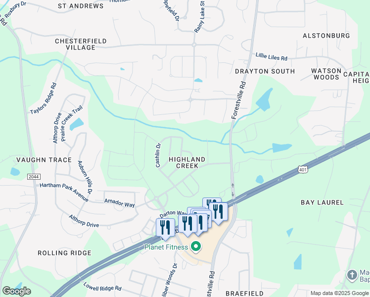 map of restaurants, bars, coffee shops, grocery stores, and more near 8602 Holdenby Trail in Raleigh