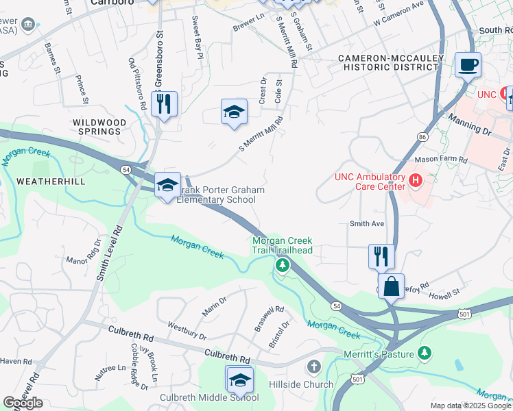 map of restaurants, bars, coffee shops, grocery stores, and more near 1101 West North Carolina Highway 54 Bypass in Chapel Hill