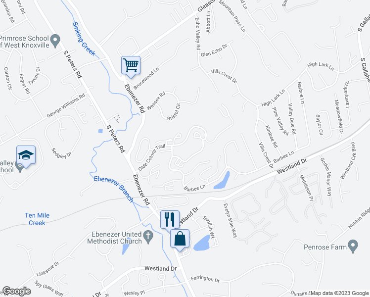 map of restaurants, bars, coffee shops, grocery stores, and more near 8661 Olde Colony Trail in Knoxville