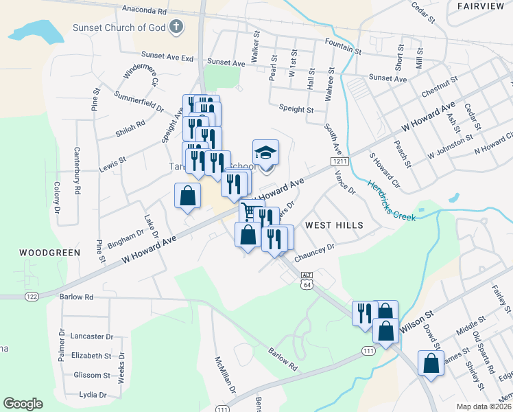 map of restaurants, bars, coffee shops, grocery stores, and more near 1503 West Howard Avenue in Tarboro