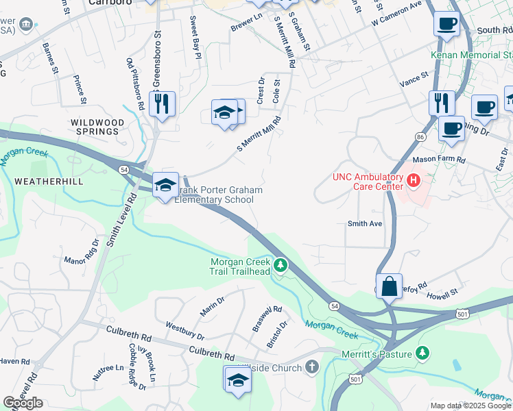 map of restaurants, bars, coffee shops, grocery stores, and more near 1101 West North Carolina Highway 54 Bypass in Chapel Hill