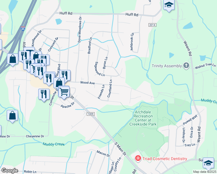 map of restaurants, bars, coffee shops, grocery stores, and more near 3943 Wood Avenue in Archdale