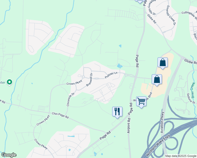 map of restaurants, bars, coffee shops, grocery stores, and more near 1319 Pulitzer Lane in Durham
