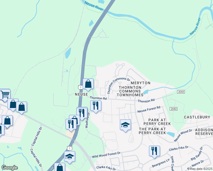 map of restaurants, bars, coffee shops, grocery stores, and more near Commons Townes Drive in Raleigh