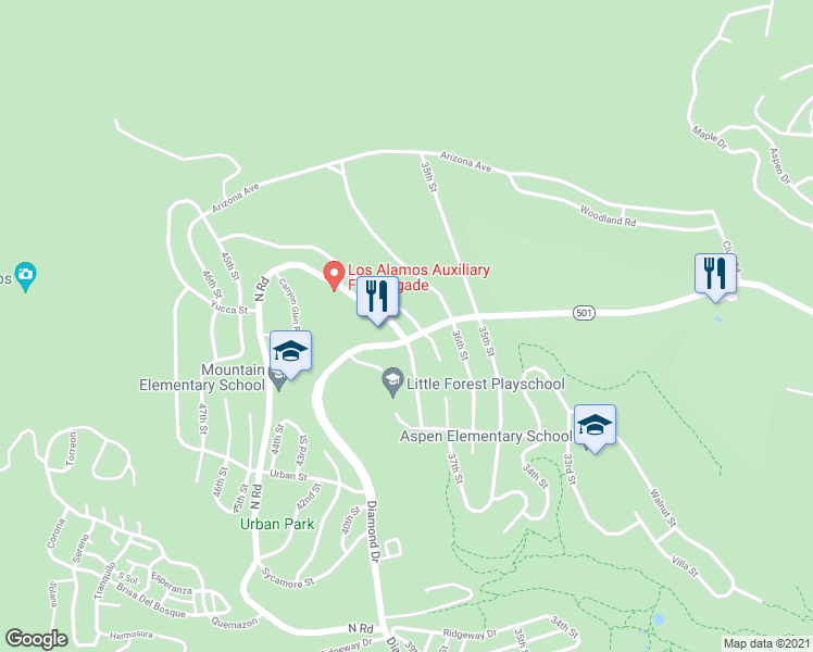 map of restaurants, bars, coffee shops, grocery stores, and more near in Los Alamos