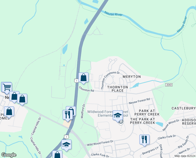 map of restaurants, bars, coffee shops, grocery stores, and more near 8901 Commons Townes Drive in Raleigh