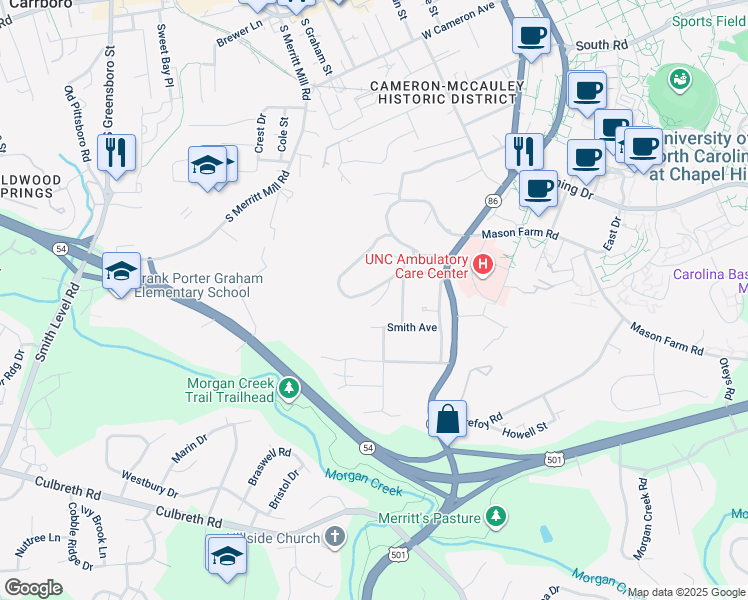 map of restaurants, bars, coffee shops, grocery stores, and more near 540 Chase Park Road in Chapel Hill