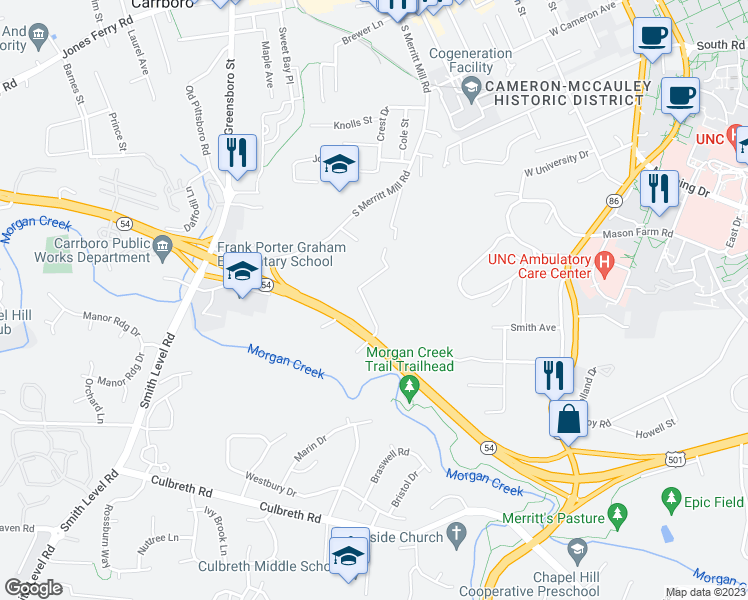 map of restaurants, bars, coffee shops, grocery stores, and more near 1101 West North Carolina Highway 54 Bypass in Chapel Hill