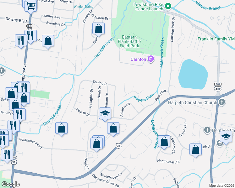 map of restaurants, bars, coffee shops, grocery stores, and more near 145 Sontag Drive in Franklin