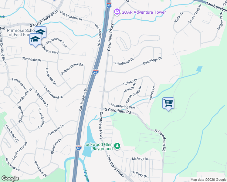map of restaurants, bars, coffee shops, grocery stores, and more near 2004 Upland Drive in Franklin