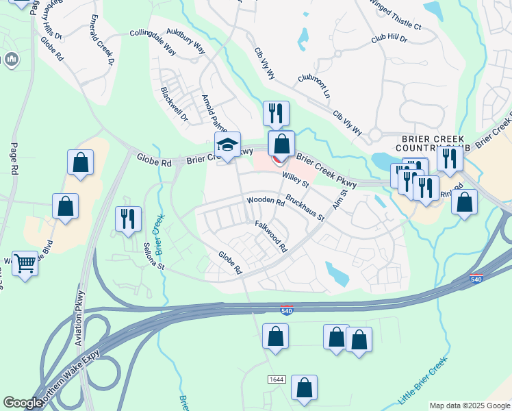 map of restaurants, bars, coffee shops, grocery stores, and more near 10117 Falls Meadow Court in Raleigh