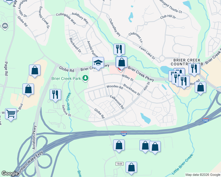 map of restaurants, bars, coffee shops, grocery stores, and more near 10108 Falls Meadow Court in Raleigh