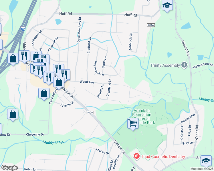 map of restaurants, bars, coffee shops, grocery stores, and more near 3943 Wood Avenue in Archdale