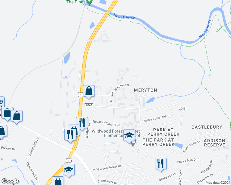 map of restaurants, bars, coffee shops, grocery stores, and more near 8805 Cattail Creek Place in Raleigh