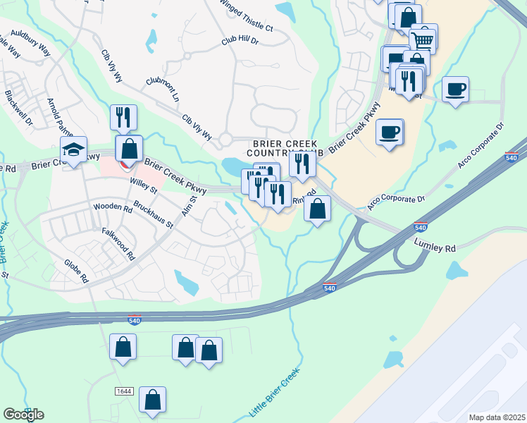 map of restaurants, bars, coffee shops, grocery stores, and more near 10411 Moncreiffe Road in Raleigh