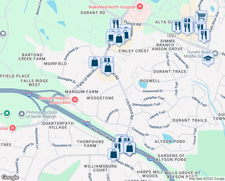 map of restaurants, bars, coffee shops, grocery stores, and more near 8912 Woodstone Drive in Raleigh