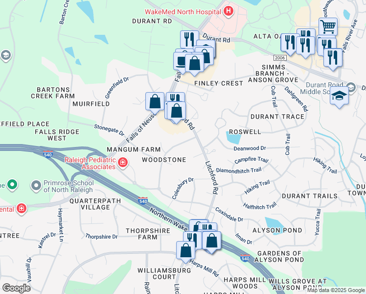 map of restaurants, bars, coffee shops, grocery stores, and more near 8912 Woodstone Drive in Raleigh