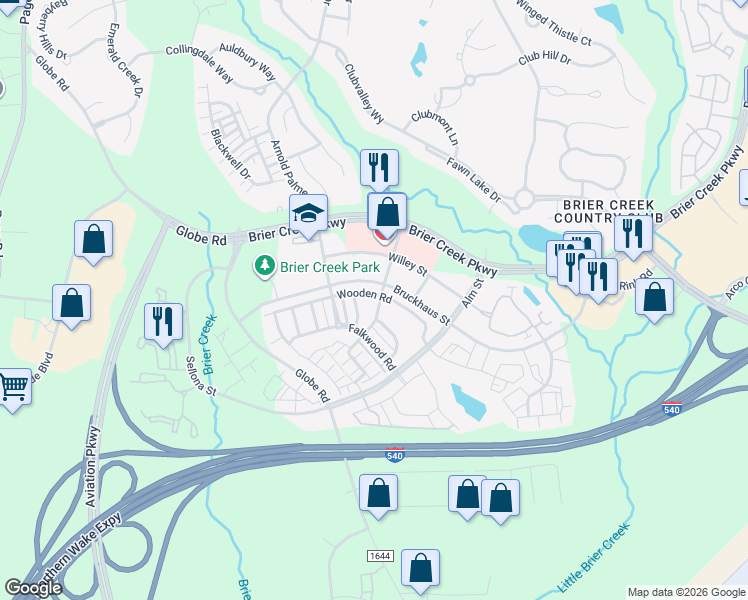 map of restaurants, bars, coffee shops, grocery stores, and more near 10108 Falls Meadow Court in Raleigh