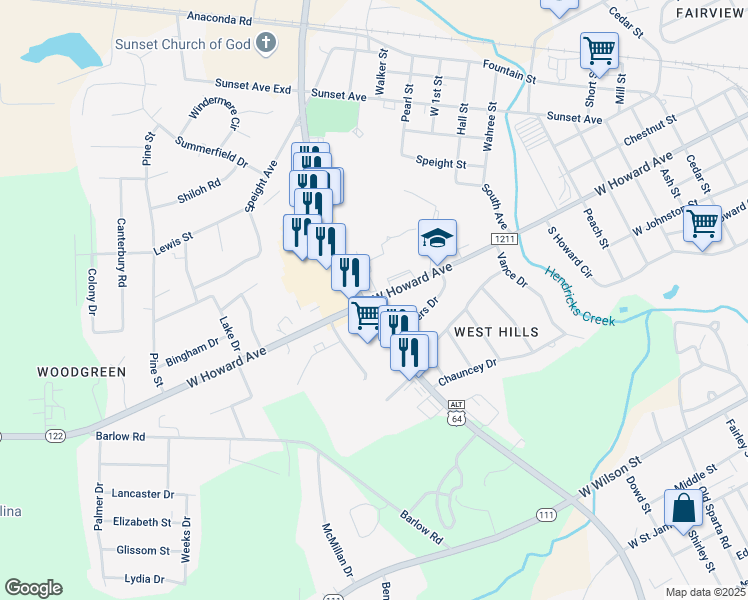 map of restaurants, bars, coffee shops, grocery stores, and more near 1507 West Howard Avenue in Tarboro