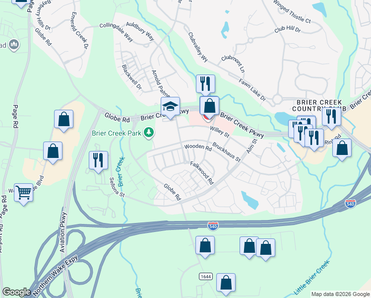 map of restaurants, bars, coffee shops, grocery stores, and more near 10114 Barnhart Way in Raleigh