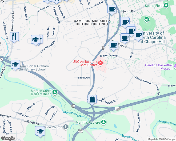 map of restaurants, bars, coffee shops, grocery stores, and more near 812 Old Pittsboro Road in Chapel Hill