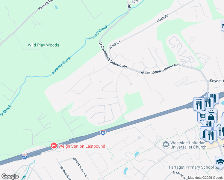 map of restaurants, bars, coffee shops, grocery stores, and more near 12039 Woodhollow Lane in Knoxville