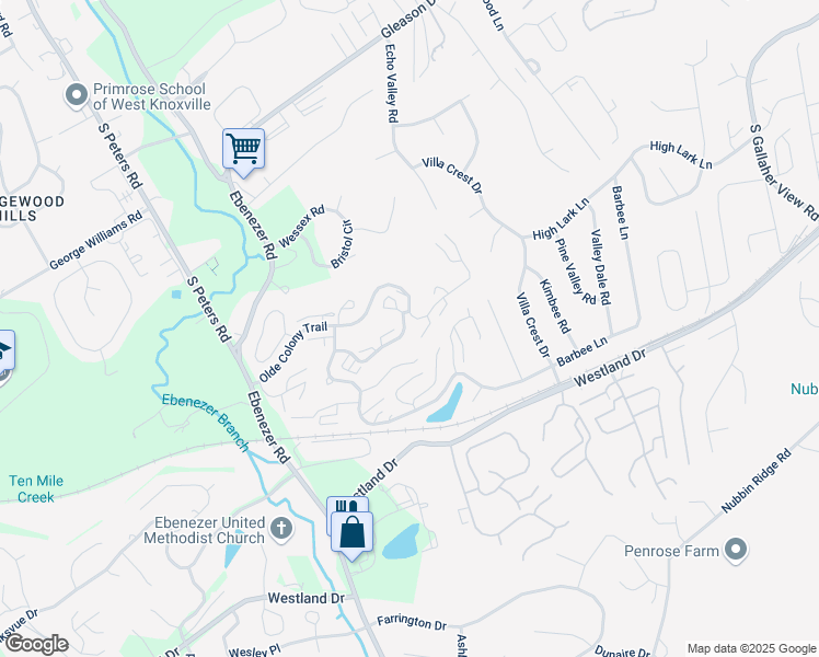 map of restaurants, bars, coffee shops, grocery stores, and more near 8600 Olde Colony Trail in Knoxville