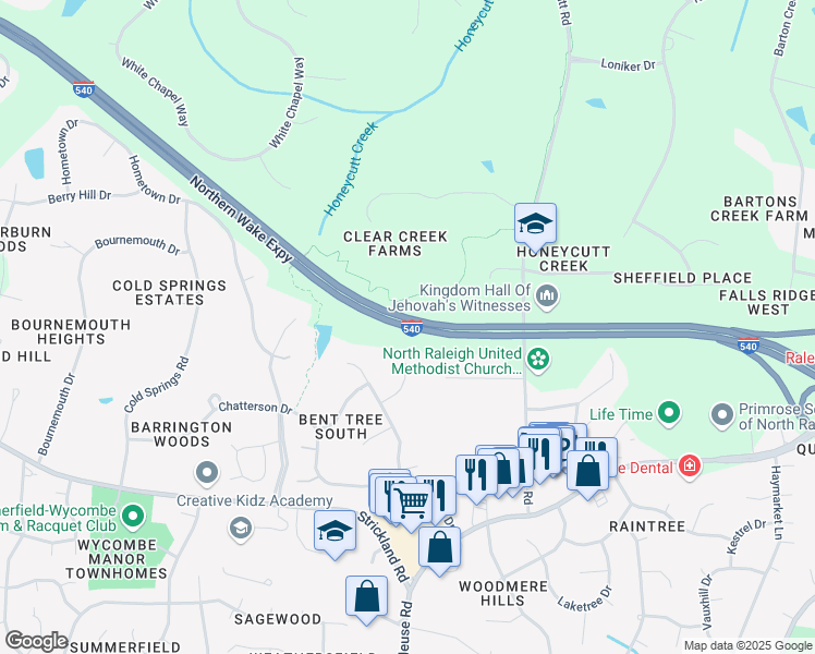 map of restaurants, bars, coffee shops, grocery stores, and more near Northern Wake Expressway in Raleigh