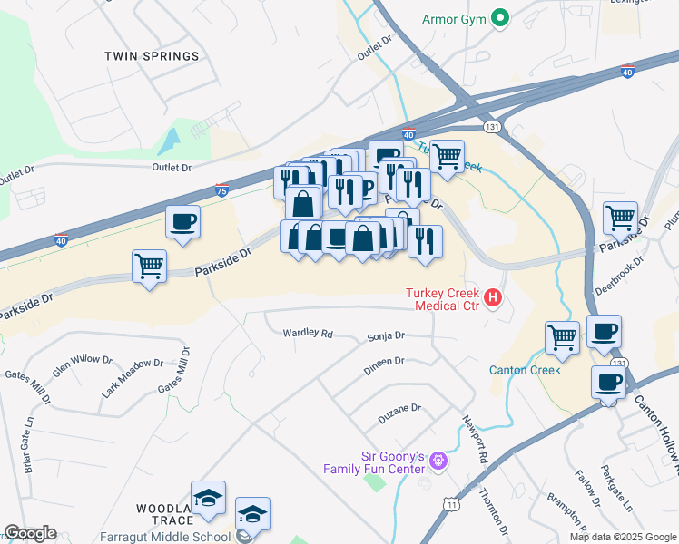 map of restaurants, bars, coffee shops, grocery stores, and more near 11100 Parkside Drive in Knoxville
