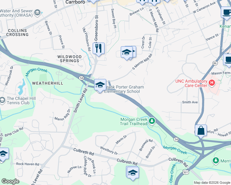 map of restaurants, bars, coffee shops, grocery stores, and more near 1400 North Carolina 54 in Chapel Hill