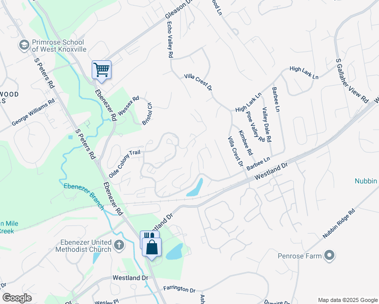 map of restaurants, bars, coffee shops, grocery stores, and more near 8500 Olde Colony Trail in Knoxville