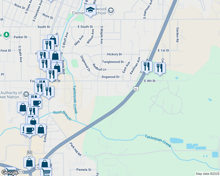 map of restaurants, bars, coffee shops, grocery stores, and more near 1208 Jay Lane in Tahlequah