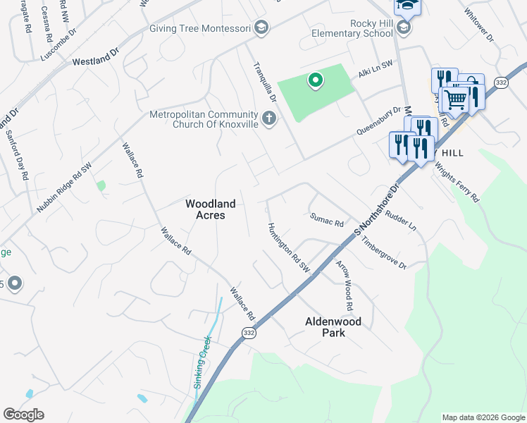 map of restaurants, bars, coffee shops, grocery stores, and more near 1212 Huntington Road Southwest in Knoxville