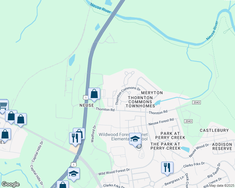 map of restaurants, bars, coffee shops, grocery stores, and more near 8957 Commons Townes Drive in Raleigh