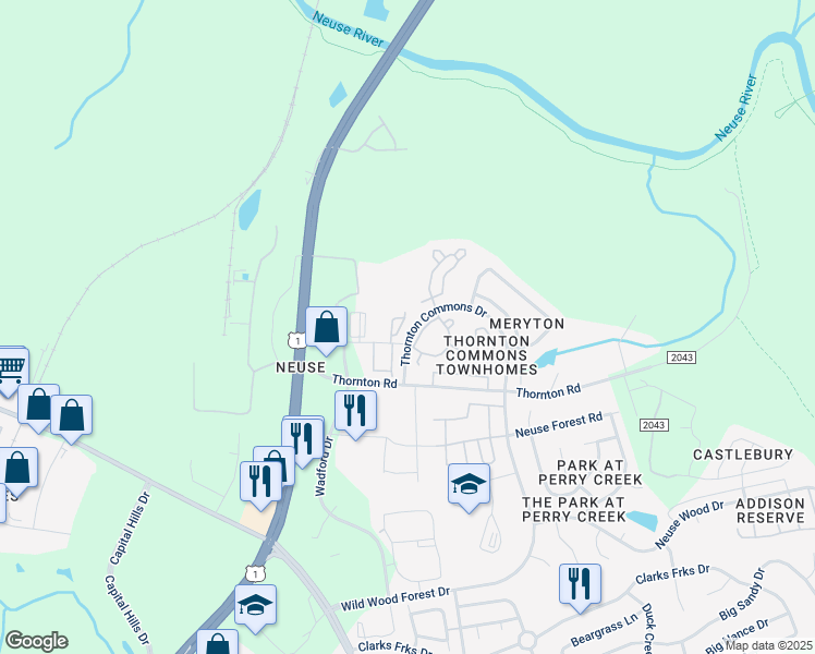 map of restaurants, bars, coffee shops, grocery stores, and more near 8957 Commons Townes Drive in Raleigh