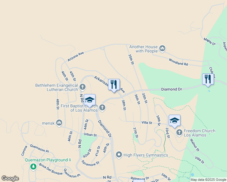 map of restaurants, bars, coffee shops, grocery stores, and more near 3801 Arkansas Avenue in Los Alamos