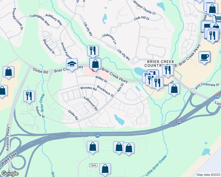 map of restaurants, bars, coffee shops, grocery stores, and more near 9128 Wooden Road in Raleigh