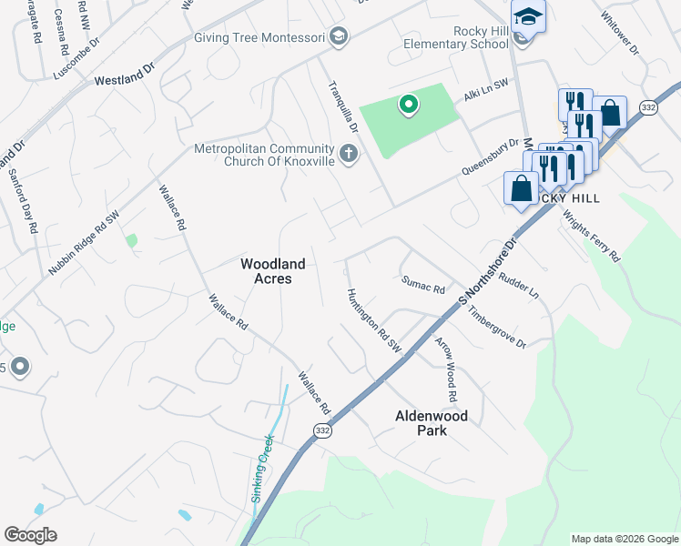 map of restaurants, bars, coffee shops, grocery stores, and more near 1212 Huntington Road Southwest in Knoxville
