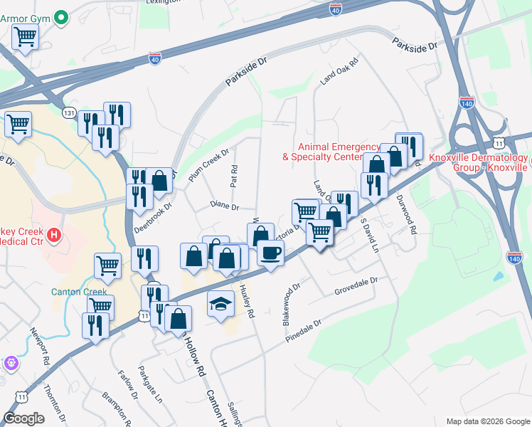 map of restaurants, bars, coffee shops, grocery stores, and more near 124 Wakefield Road in Knoxville