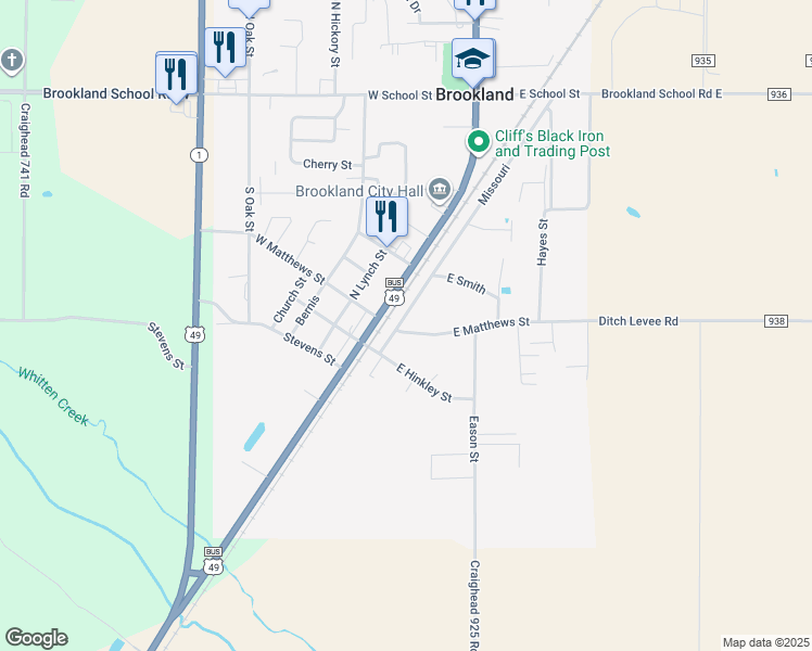 map of restaurants, bars, coffee shops, grocery stores, and more near 105 East Hinkley Street in Brookland