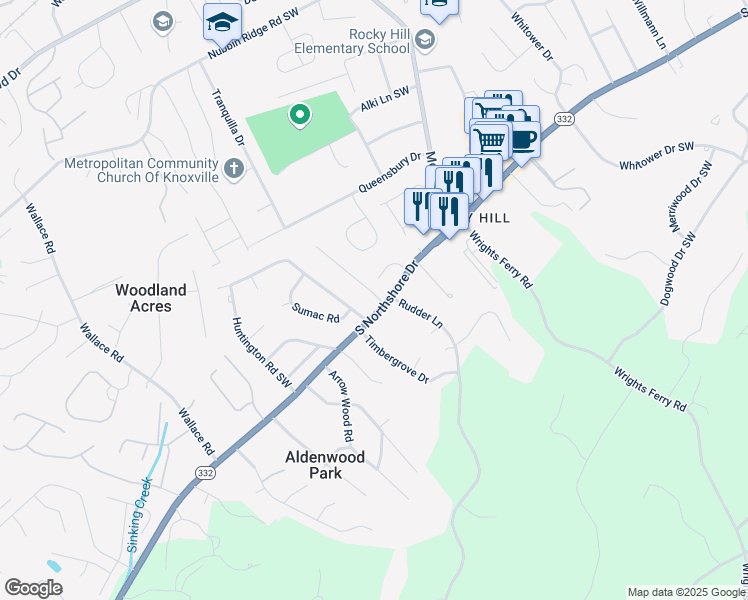 map of restaurants, bars, coffee shops, grocery stores, and more near 1377 Woodridge Drive in Knoxville