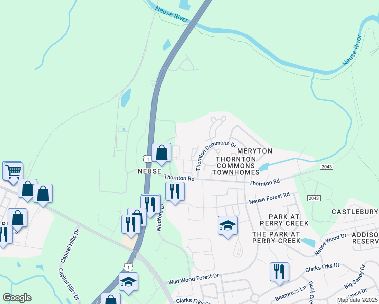 map of restaurants, bars, coffee shops, grocery stores, and more near 8915 Commons Townes Drive in Raleigh