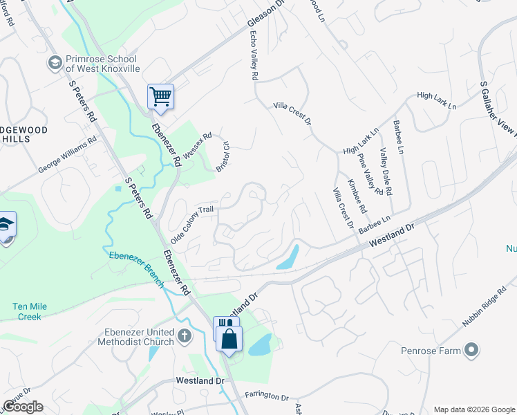map of restaurants, bars, coffee shops, grocery stores, and more near 8600 Olde Colony Trail in Knoxville