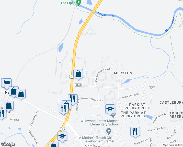 map of restaurants, bars, coffee shops, grocery stores, and more near 8915 Commons Townes Drive in Raleigh