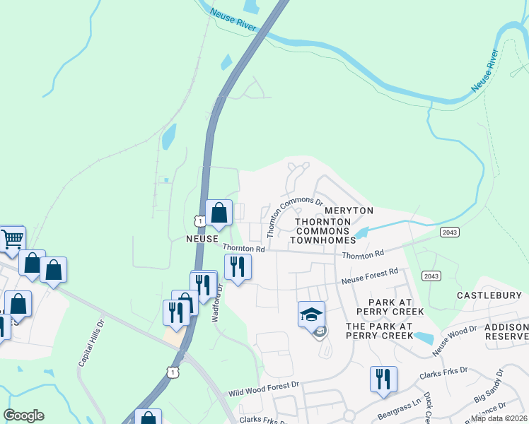 map of restaurants, bars, coffee shops, grocery stores, and more near 8901 Commons Townes Drive in Raleigh