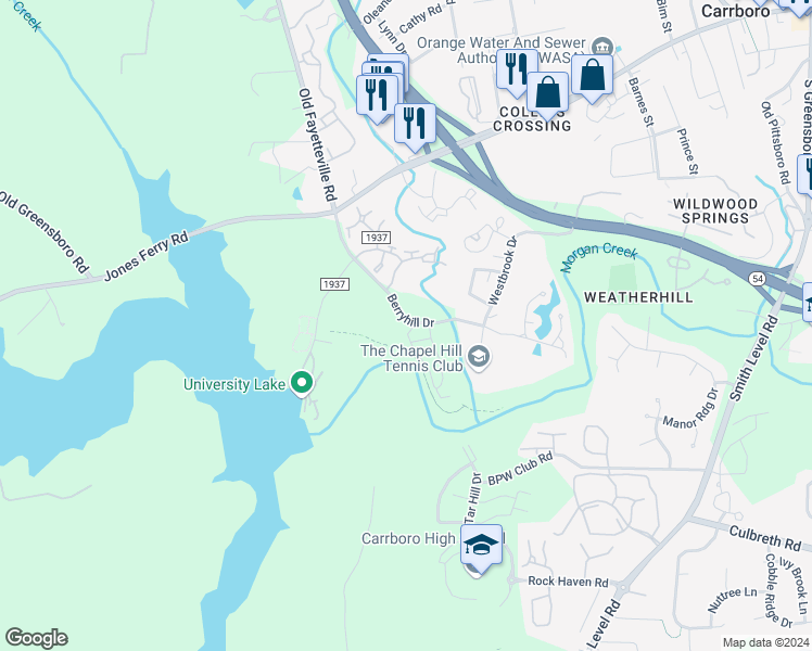 map of restaurants, bars, coffee shops, grocery stores, and more near 100 Rose Walk Lane in Carrboro