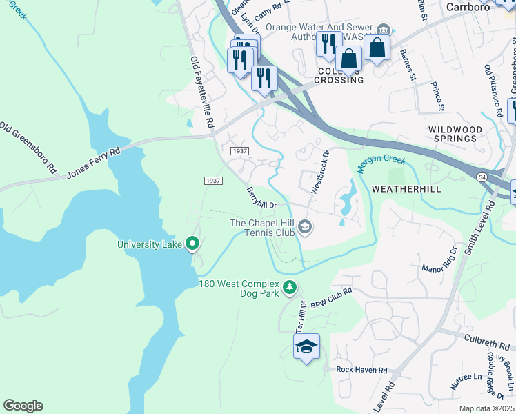 map of restaurants, bars, coffee shops, grocery stores, and more near 100 Rose Walk Lane in Carrboro